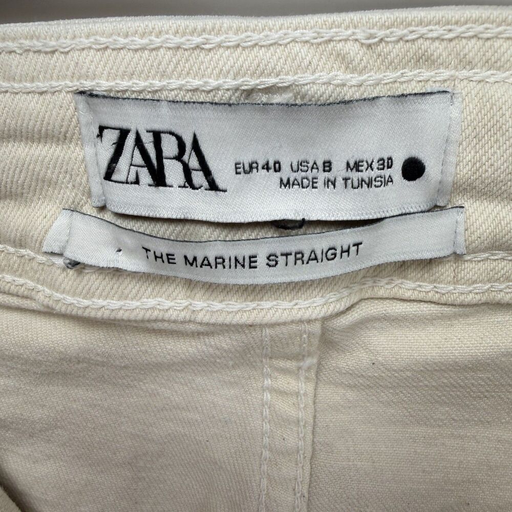 Zara Marine Straight Cream Denim Jeans Raw Hem Wide Leg Size 8 28” Inseam - Picture 7 of 12